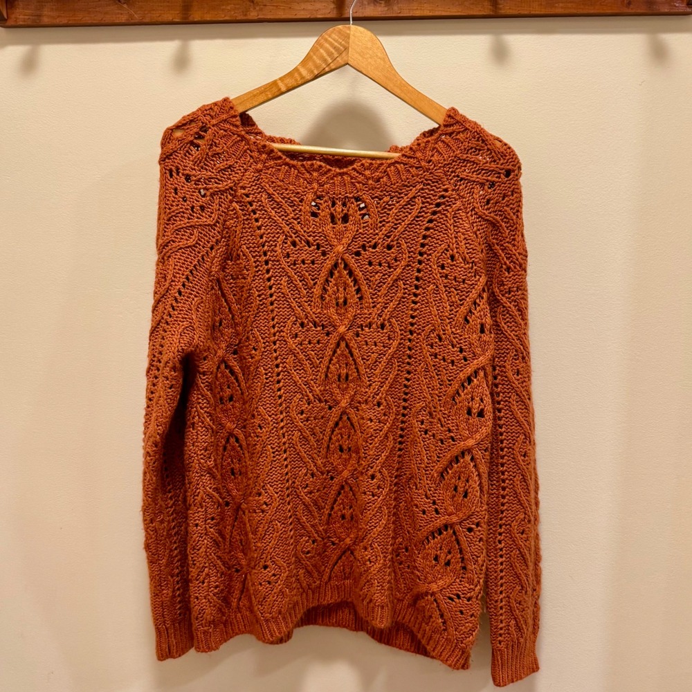 Hailey & Co Burnt Orange Chunky Open Knit Pointelle Cable Sweater Womens Large